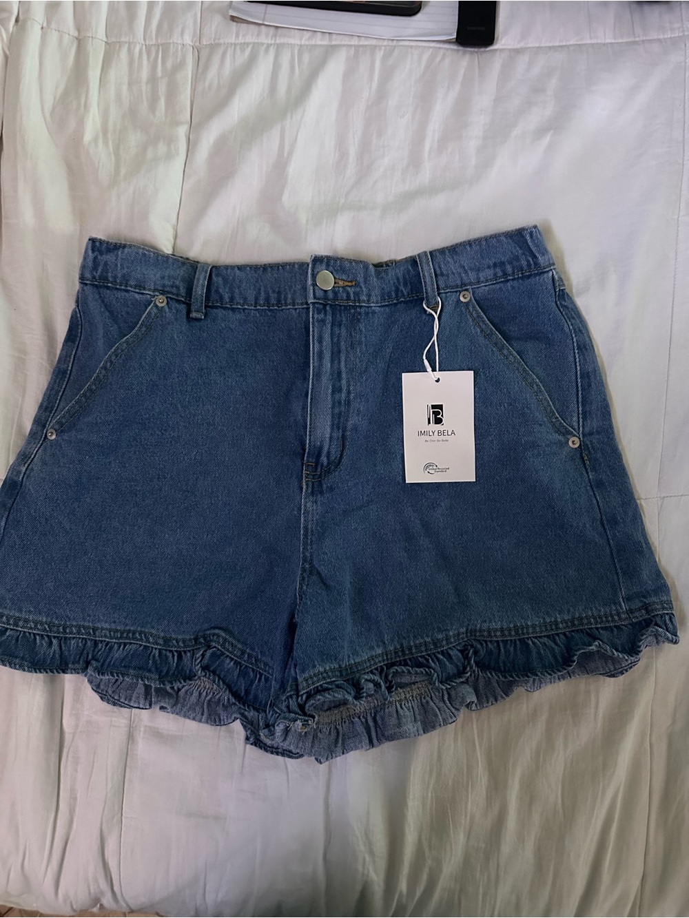 Women's Blue Denim Ruffle Hem Shorts
